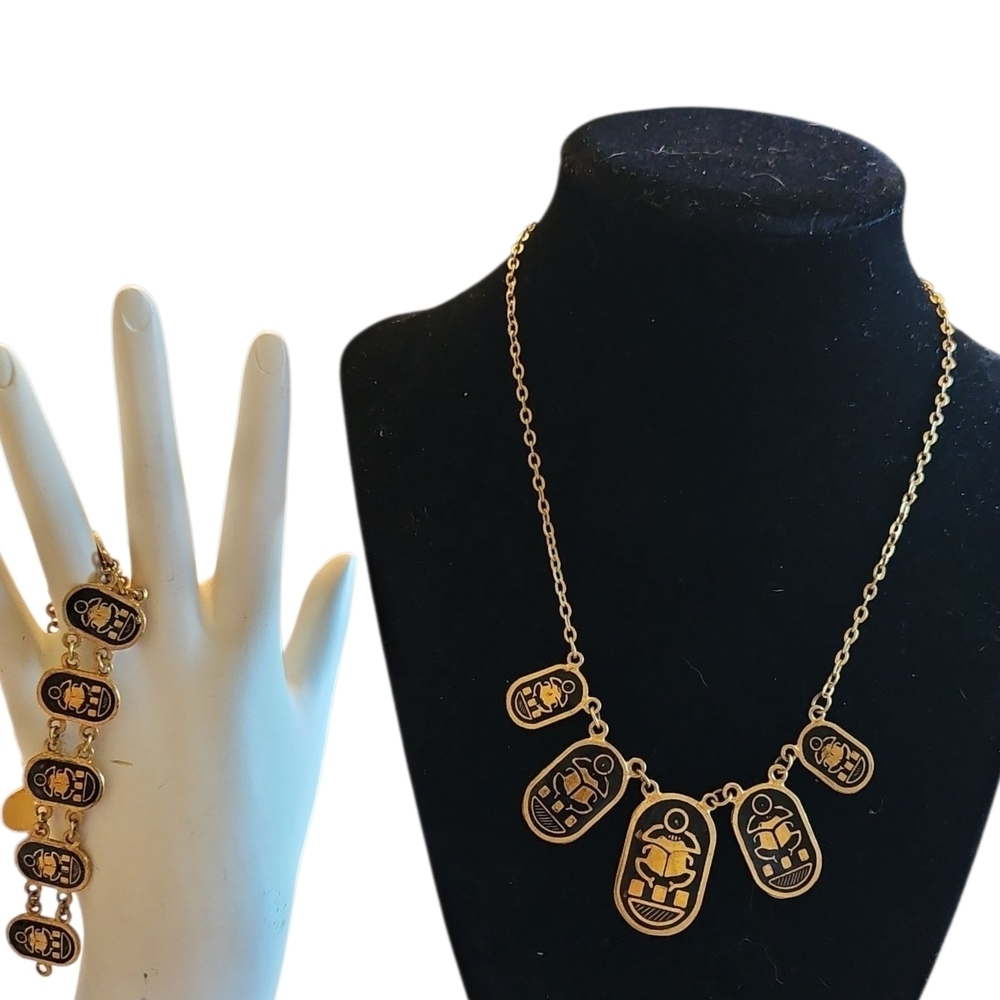 Egyptian Gold Tone & Blue Enamel Pendant Necklace & Bracelet